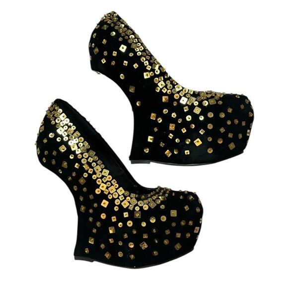 Shiekh Black Gold Sequin Platform Shoes Size 8.5 - Picture 1 of 5